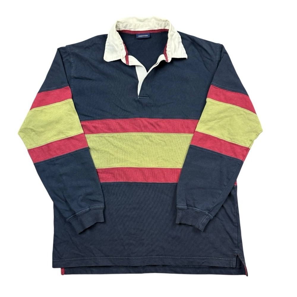 Debenhams Polo Rugby Shirt Men's Medium Striped Long‎ Sleeve Vtg Y2K Preppy